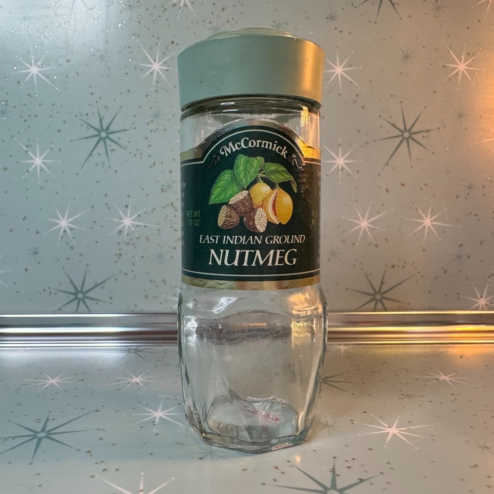 Vintage McCormick Nutmeg Jar Green Label & Lid Glass‎ Spice Bottle Retro Kitchen